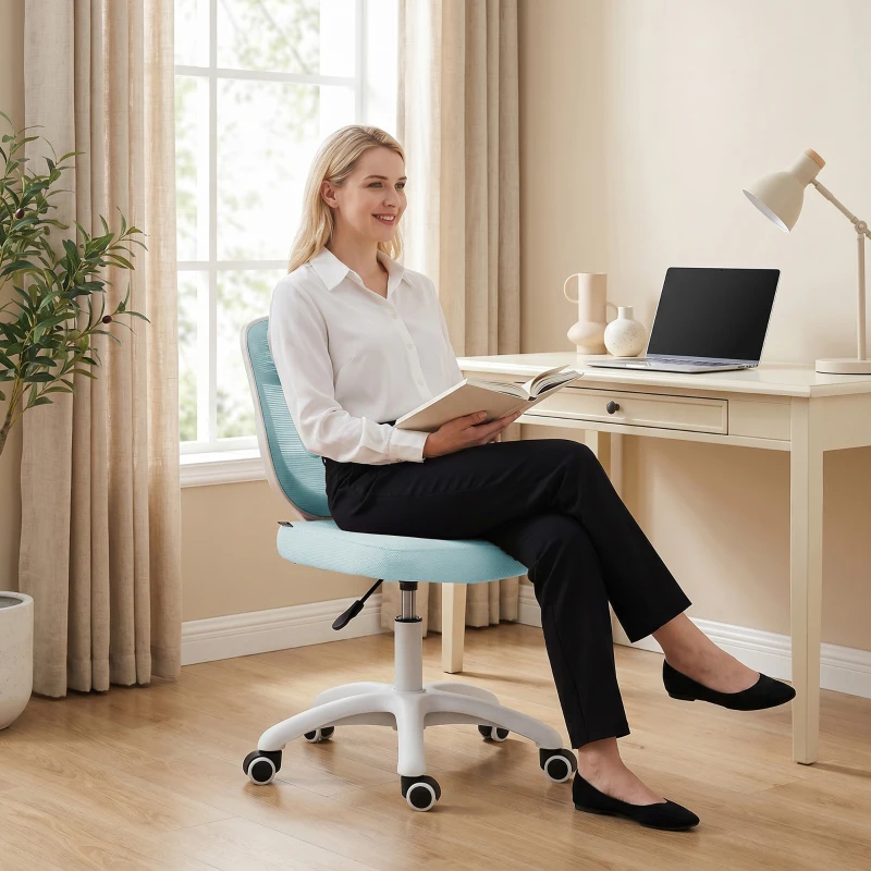HOMCOM Office Chair, Armless Computer Desk Chair with Breathable Mesh, Adjustable Height, Swivel Wheels, Light Blue