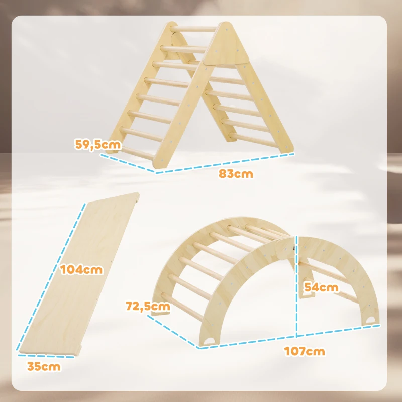 AIYAPLAY Triángulo de Escalada para Niños de 18-48 Meses con Rampa Escalador de Arco 219x72,5 cm Natural