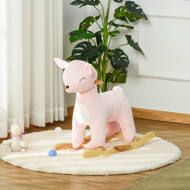 HOMCOM Caballito Balancín Forma de Ciervo para Niños de +3 Años Balancín Mecedora de Felpa con Sonidos y Base de Madera 68x35,5x64 cm Rosa