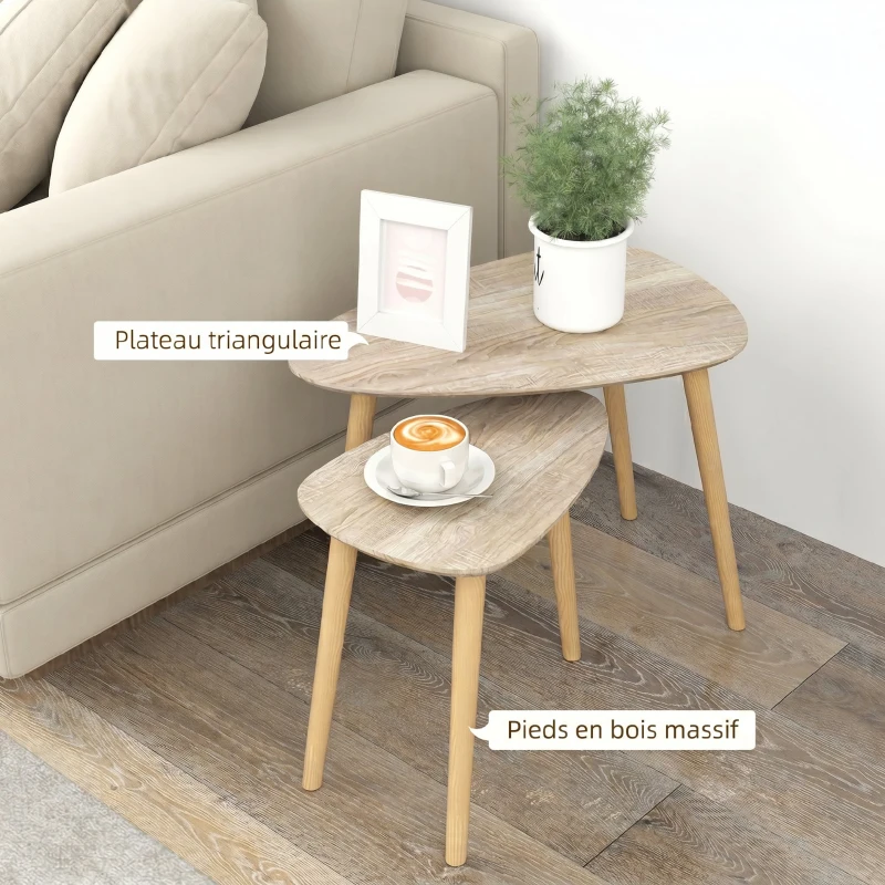 HOMCOM Set 2 măsuțe de living suprapozabile în stil nordic cu picioare din lemn, culoare lemn
