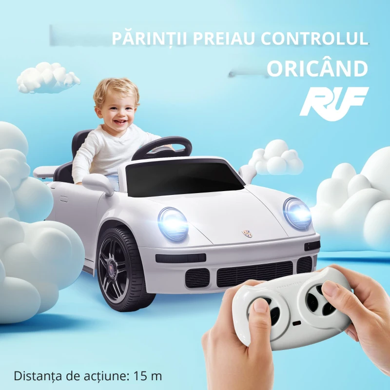 AIYAPLAY Mașină electrică pentru copii, vehicul electric 12V, telecomandă 2,4G, faruri, muzică, claxon, 103 x 55 x 44 cm, alb