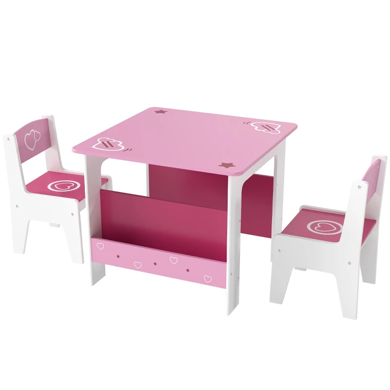 AIYAPLAY Set Tavolo con 2 Sedie per Bambini 3-8 Anni, Tavolino con Scaffale in Legno MDF con Disegni a Cuori, Rosa