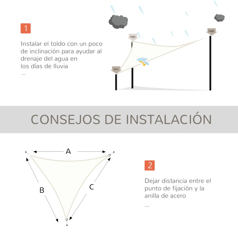 Outsunny Toldo Vela Triangular 5x5x5 m Vela de Sombra para Jardín Patio Terraza Poliéster Anti UV Color Crema