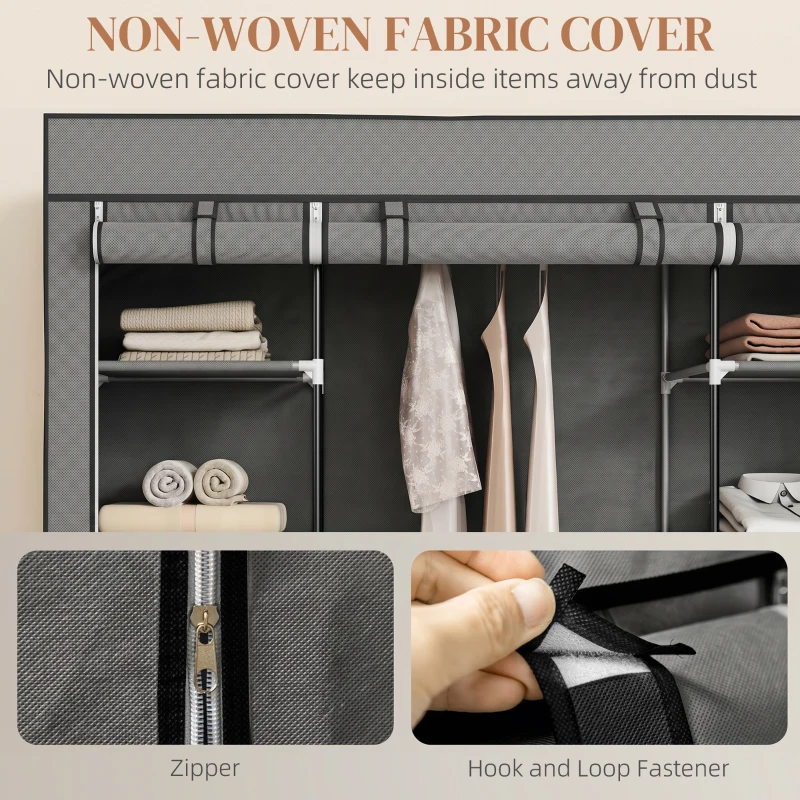 HOMCOM Clothes Storage Organiser with Hanging Rail, Shelves, Portable Wardrobe, Foldable Fabric Wardrobe, Dark Grey