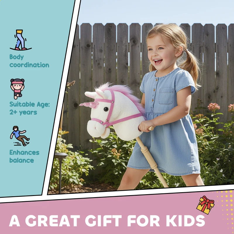 AIYAPLAY Unicorn Stick Horse with Wood Wheels, Real Pony Neighing and Galloping Sounds, Grip Handle, 95 cm, White