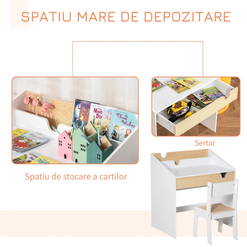 HOMCOM Set Birou și Scaun pentru Copii cu Sertar și Raft, Margini Rotunjite, Vârsta 6-10 Ani, Alb și Lemn