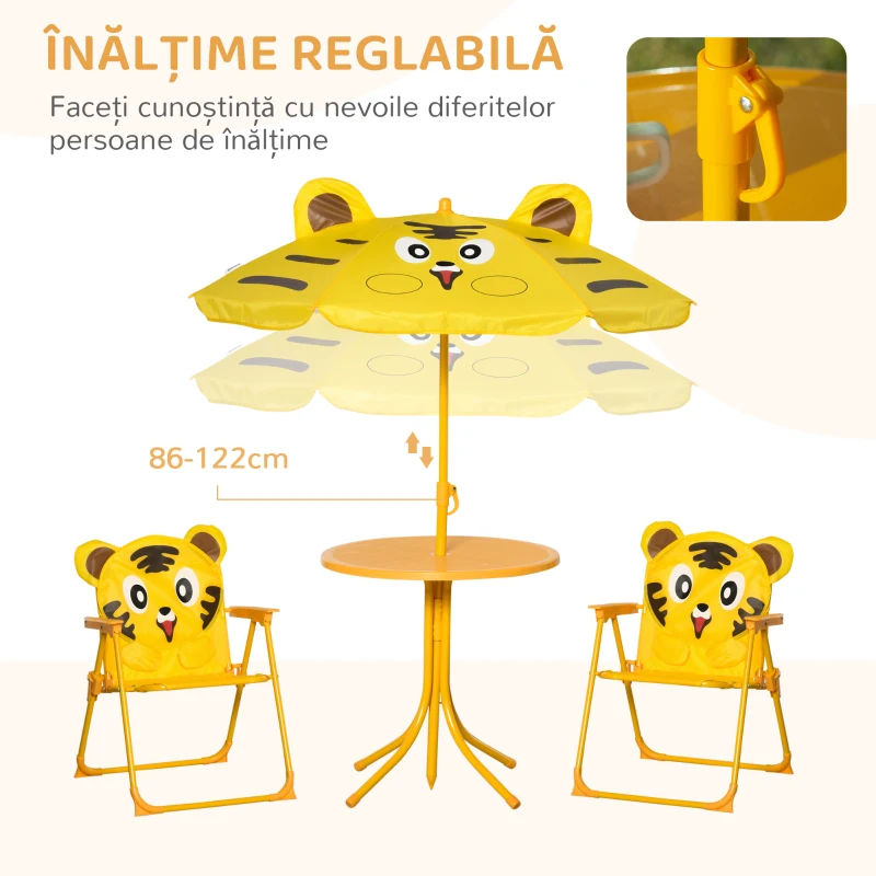 Outsunny Set de Exterior pentru Copii, 4 piese cu 2 Scaune, Umbrelă și Masă Rotundă, din Oțel și Țesătură Oxford Galbenă