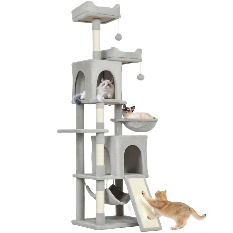 PawHut Arbre à chat tour de jeux pour chat 3 platesformes 2 niches 2 lits 2 hamacs 1 échelle hauteur 177 cm gris clair