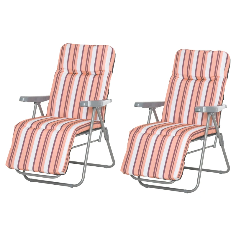 Outsunny Conjunto de 2 Espreguiçadeiras Dobráveis de Jardim com Almofada Acolchoada, Encosto Ajustável em 5 Posições, Apoio para os Pés e Estrutura de Aço, 60x75x65-102 cm, Listas Laranja