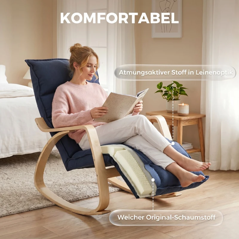 HOMCOM Schaukelstuhl mit verstellbarer Fußstütze, gepolsterter Sessel mit Armlehnen in Birkenfurnier, dunkelblau