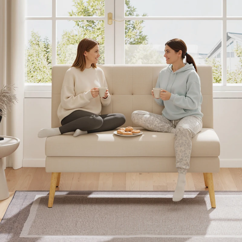 HOMCOM 2-zits sofa, getufte rugleuning, houten poten, dikke vulling, linnenlook, voor kleine ruimtes, beige