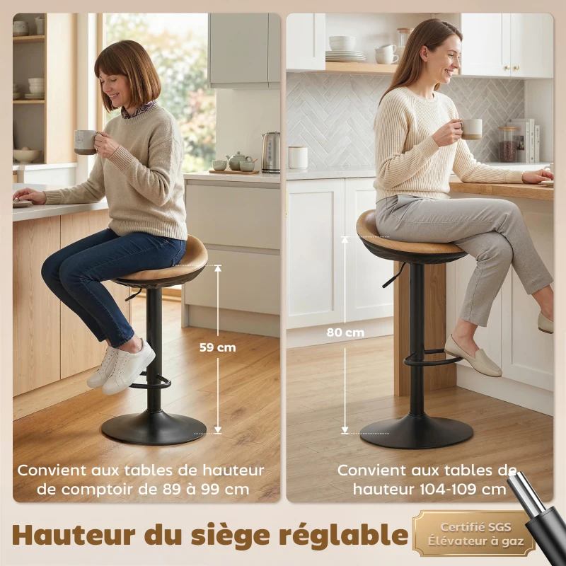 HOMCOM Lot de 2 tabourets de bar, chaises de bar réglables en hauteur avec repose-pieds, pivotant 360°, base en acier, chêne