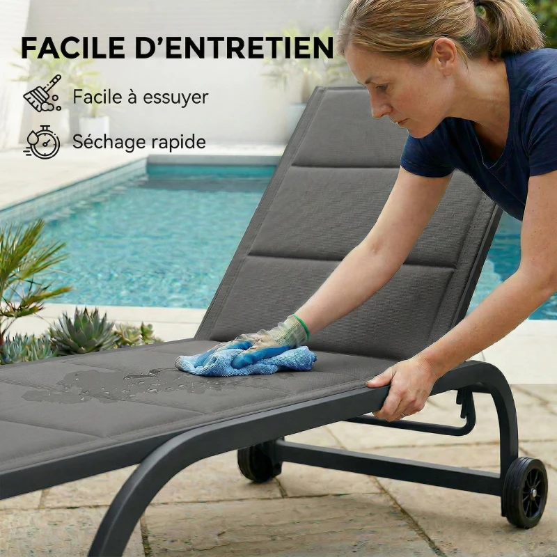 Outsunny Bain de Soleil en Aluminium, Dossier Réglable 6 Positions avec Roues, Rembourrage Intégré, 62x165x94cm, Gris Foncé
