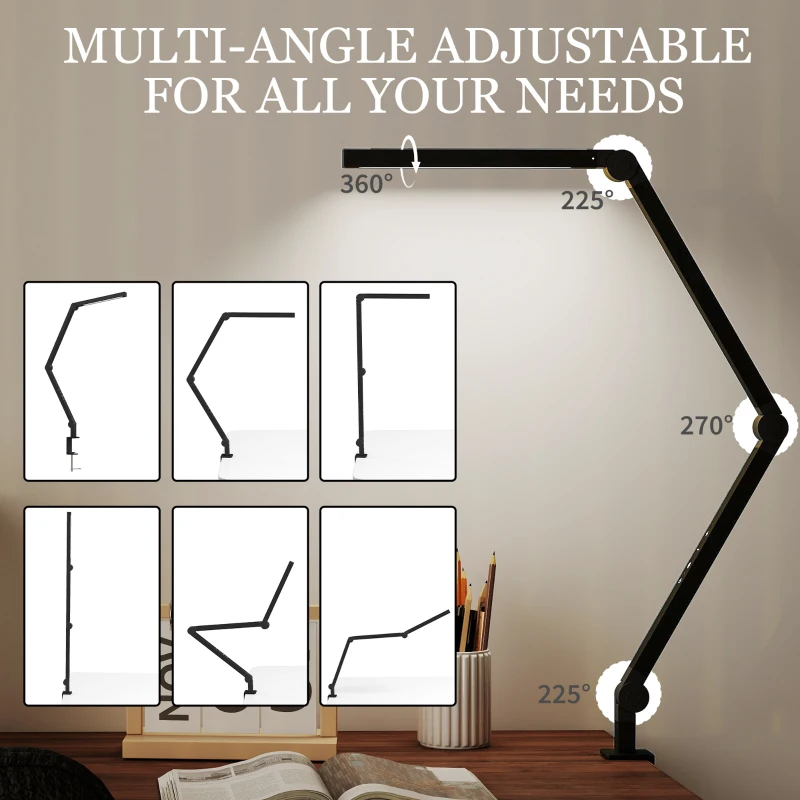HOMCOM LED Desk Lamp, Dimmable Desk Light with Swing Arm and Clamp, Adjustable Eye-Caring Table Lamp with 2 Colour Modes & 5 Brightness Levels for Study, Drawing, Office, Architect, Task, Black
