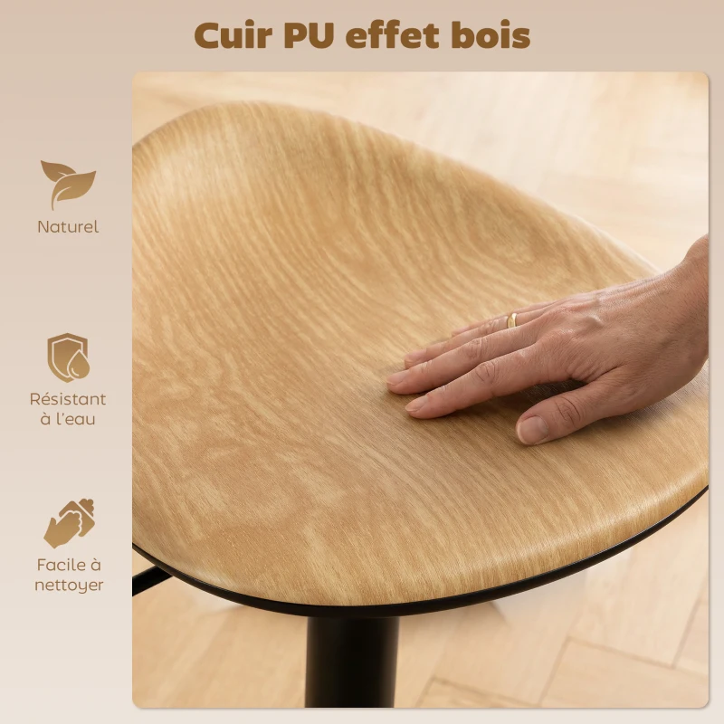 HOMCOM Lot de 2 tabourets de bar, chaises de bar réglables en hauteur avec repose-pieds, pivotant 360°, base en acier, chêne