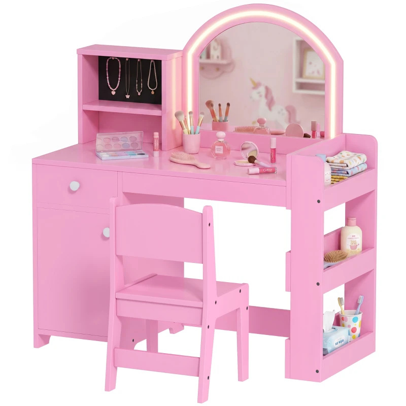 AIYAPLAY Coiffeuse pour enfants avec tabouret et miroir LED, table de maquillage pour 3 à 8 ans, 88,6 x 38,8 x 96,9 cm, rose