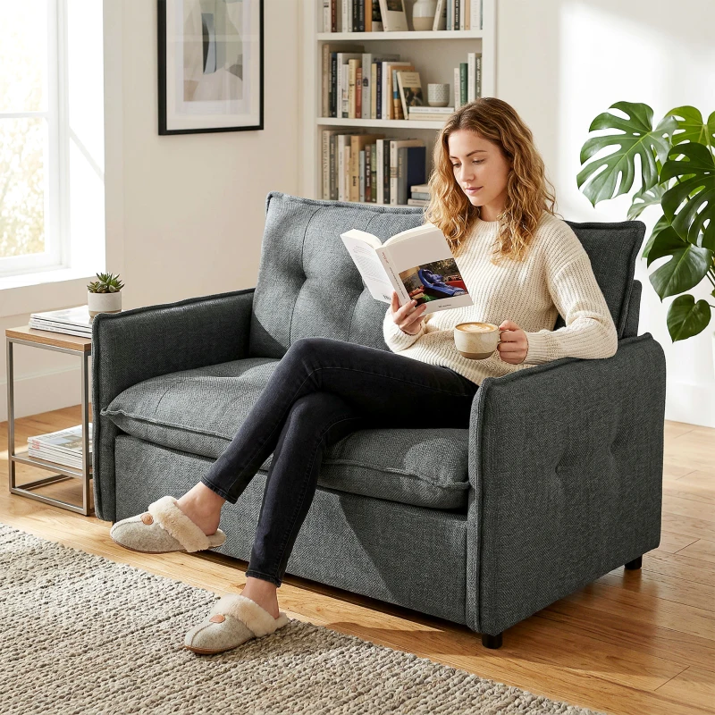 HOMCOM Canapé 2 places, canapé de salon moderne 131 cm avec assise rembourrée, coussins à ressorts, tissu en lin, gris foncé