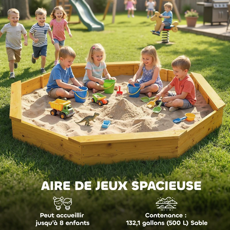 AIYAPLAY Bac à sable en bois avec auvent, bac à sable enfant extérieur avec 4 bancs, doublure de fond, jaune