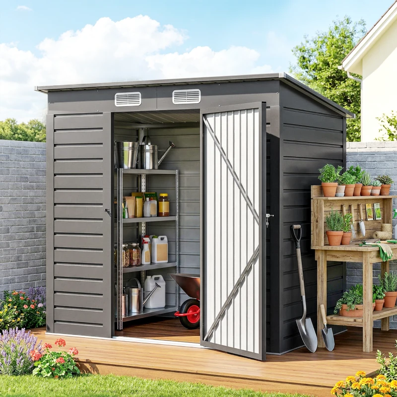 Outsunny 4 x 6ft Galvanised Metal Garden Shed, with Locking Door - Grey