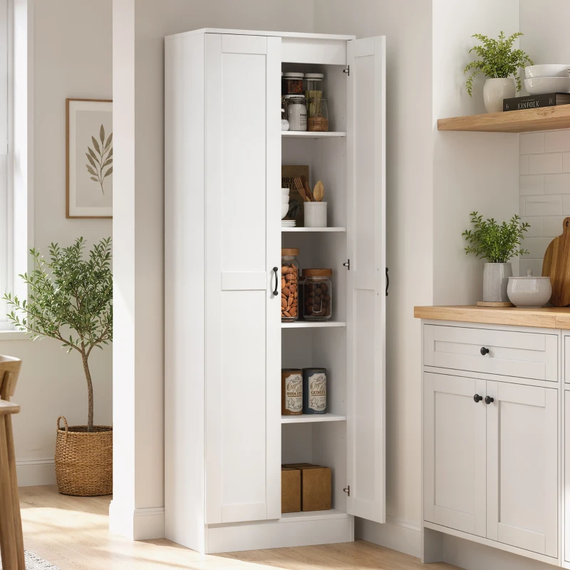 HOMCOM Voorraadkast 175 cm met opbergruimte, keukenkast met soft-close deuren en verstelbare planken, wit