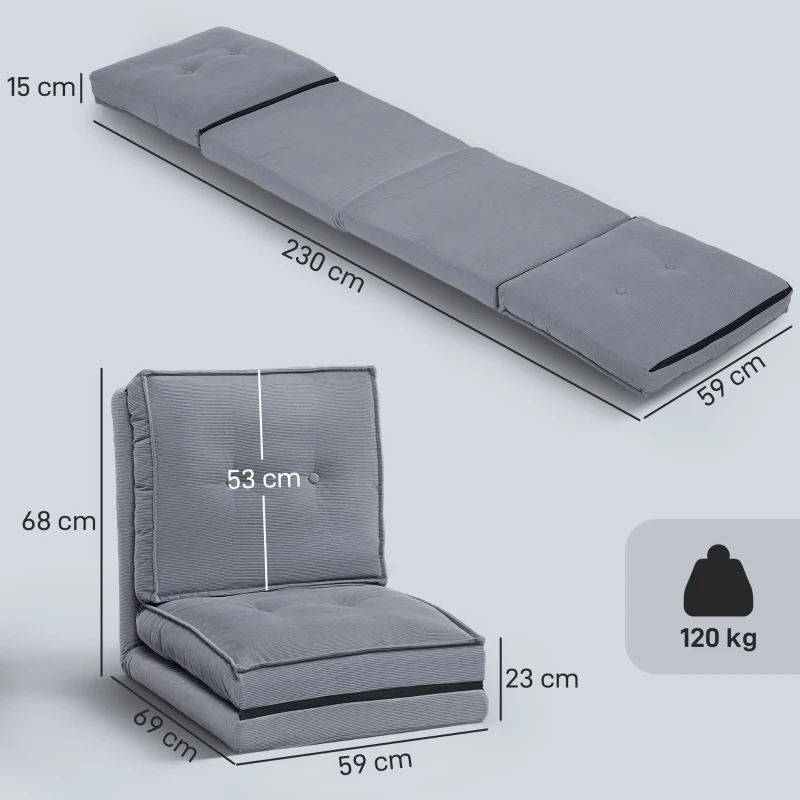 HOMCOM Fauteuil de sol pliable en velours côtelé, matelas de sol avec dossier réglable en 5 positions, 59 x 230 x 15 cm, gris