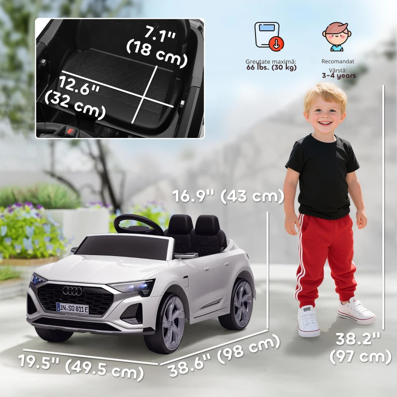 AIYAPLAY Mașină Electrică pentru Copii, 12V Audi Q8, 3-5 km/h, Telecomandă, Faruri, Muzică, Alb
