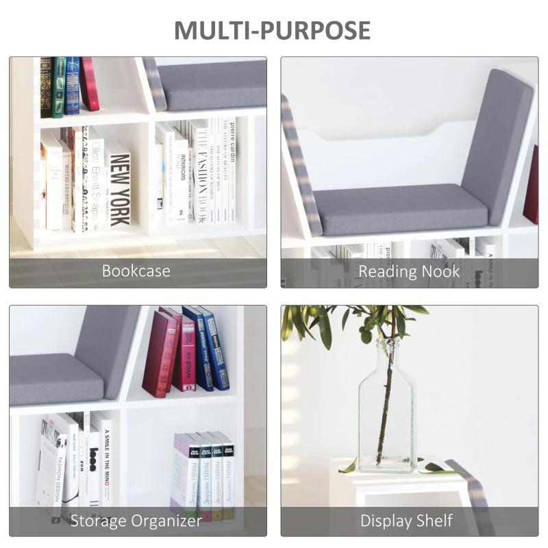 HOMCOM 6 Cube Bookcase with Cushioned Seat, Cube Storage Shelf, Bookshelf Organizer for Study, Reading Corner, White