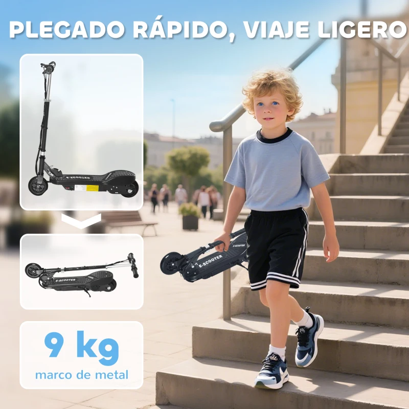 HOMCOM Patinete Eléctrico para Niños de +7 Años Scooter Plegable con Altura Ajustable Batería Recargable 24V Velocidad hasta 12 km/h y Freno Carga 50 kg 74x36x69-91 cm Negro
