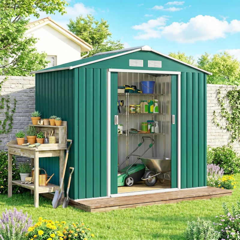 Outsunny Abri de Jardin 2,42 m² - Remise pour Outils avec kit de fondation - cabanon Porte verrouillable - dim. 213L x 130l x 185H cm - tôle d'acier Vert