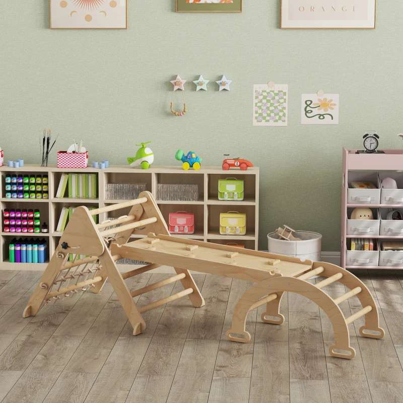 AIYAPLAY Triangle d'escalade enfants 8 en 1 avec rampe double face, arc d'escalade en bois avec toboggan & échelle, naturel