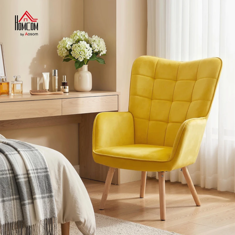 HOMCOM Modern Accent Chair Velvet-Touch Tufted Wingback Armchair Upholstered Leisure Lounge Sofa Club Chair with Wood Legs, Yellow