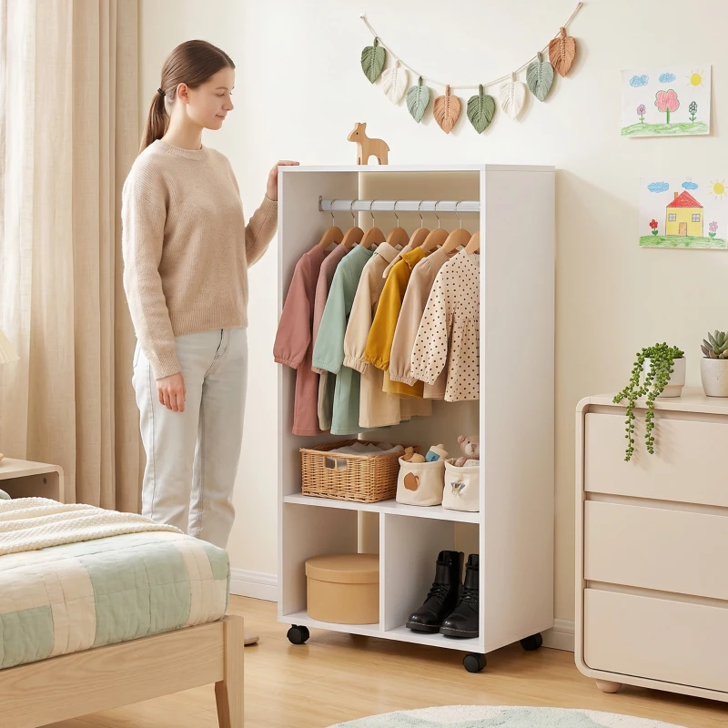 HOMCOM Armoire penderie étagère 2 niches 4 roulettes pivotantes dim. 60L x 40l x 128H cm Blanc