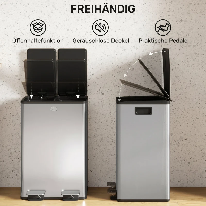 HOMCOM 2 x 28 L Doppelmülleimer, Pedalöffnung, leicht zu reinigen, Edelstahl, Kunststoff, Silber