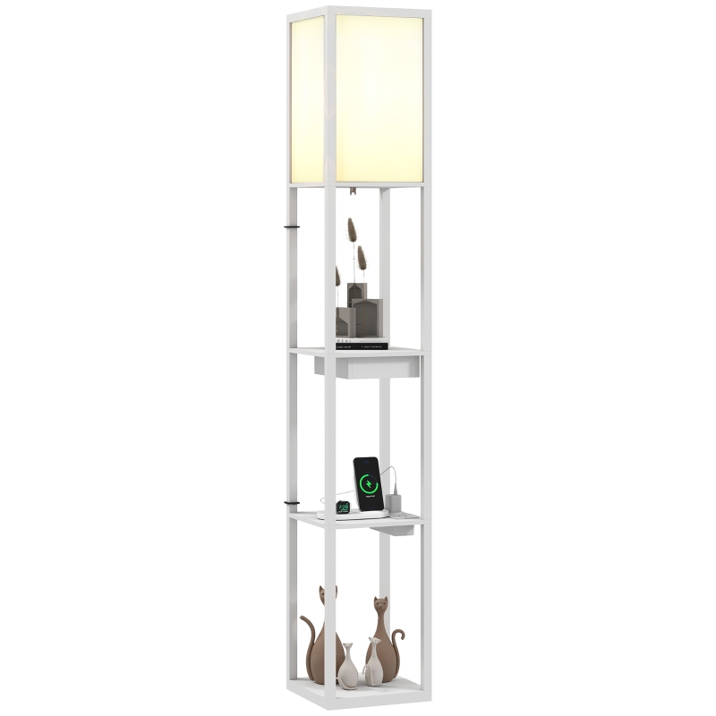 HOMCOM Stehlampe mit 3-stufigem Regal, Fußschalter, USB-Anschlüssen, MDF, Weiß