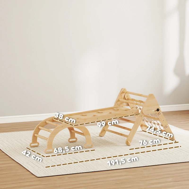 AIYAPLAY Triangle d'escalade enfants 8 en 1 avec rampe double face, arc d'escalade en bois avec toboggan & échelle, naturel