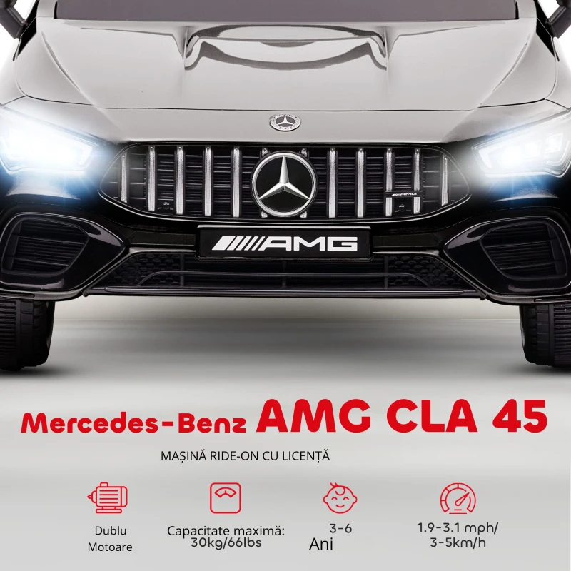 AIYAPLAY Mașină electrică pentru copii Mercedes-benz AMG CLA 45, telecomandă, viteză reglabilă (3-5 km/h), far LED muzică, negru