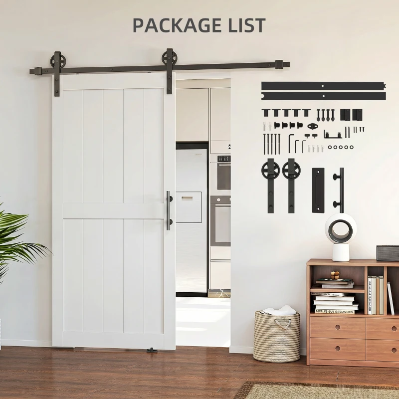 HOMCOM 183cm Sliding Barn Door Kit, Sliding Door with Track, Hardware, Upgraded Rollers and Floor Guide, Handle, White