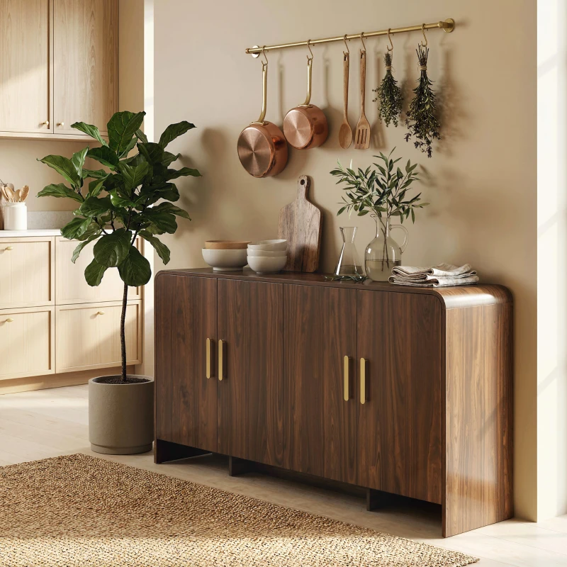 HOMCOM Buffet cuisine, meuble de rangement avec 4 portes à fermeture douce, 4 compartiments et bords arrondis, 152x40x80cm, noyer