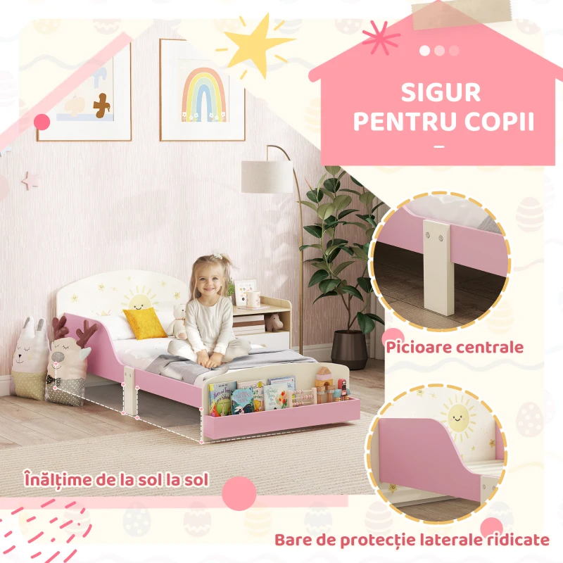 AIYAPLAY Pat pentru copii 3-8 ani, jos, din lemn, cu spațiu de depozitare și laterale de protecție, 150x77x60 cm, roz