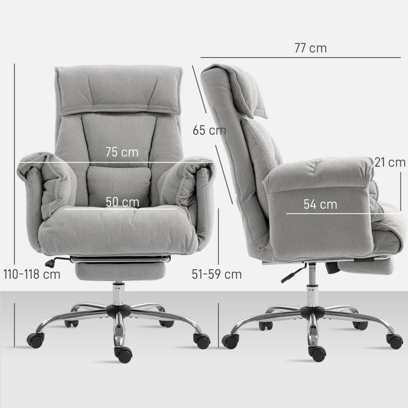 HOMCOM Bürostuhl Neigbar Höhenverstellbar Schreibtischstuhl mit Armlehne Fußstütze hoher Rückenlehne 75 x 77 x 110-118 cm Grau