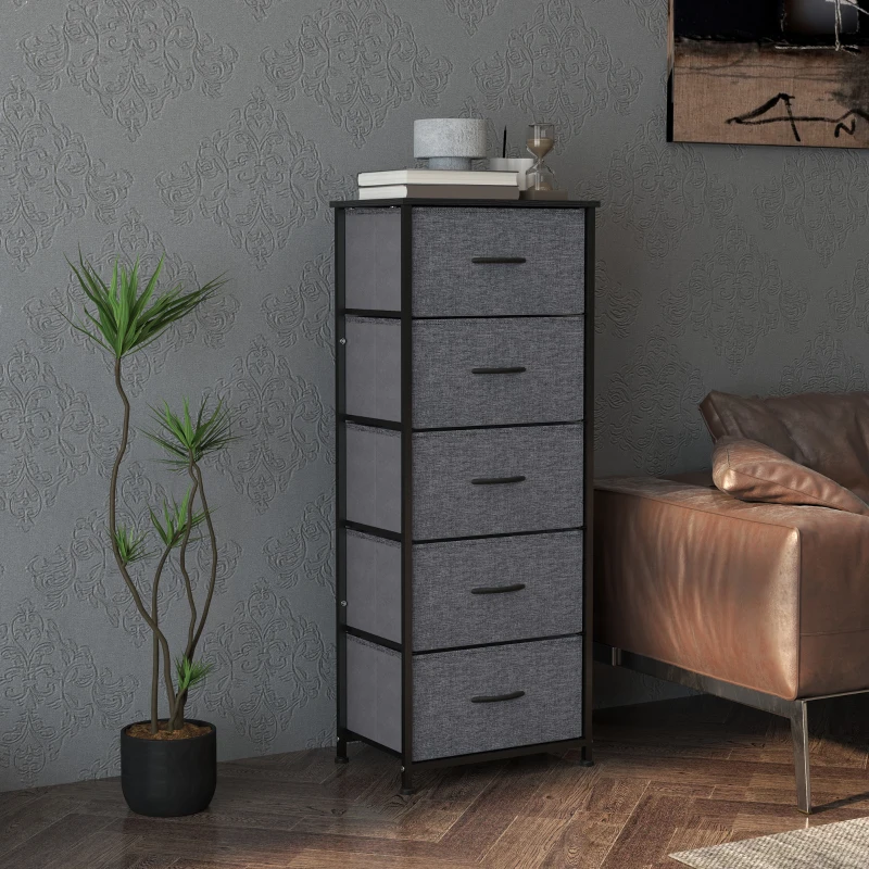 HOMCOM Commode 5 tiroirs meuble de rangement tiroir en tissu pliant - structure acier noir - 45 x 30 x 116 cm gris foncé