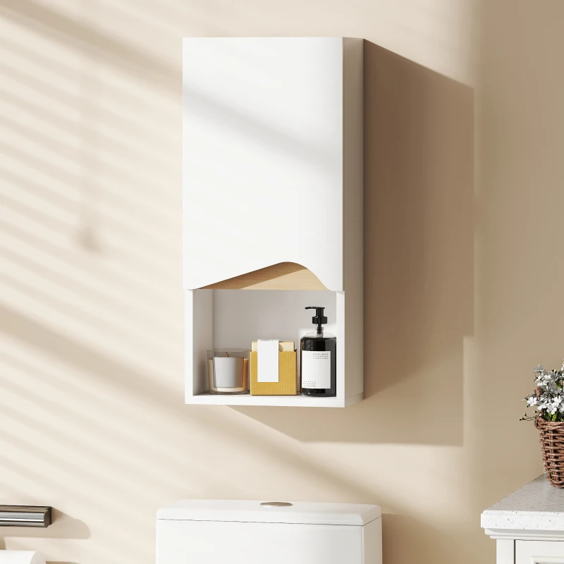 HOMCOM Armoire murale de salle de bain avec porte à fermeture douce, étagère réglable et compartiment ouvert, 30x17x67cm, blanc