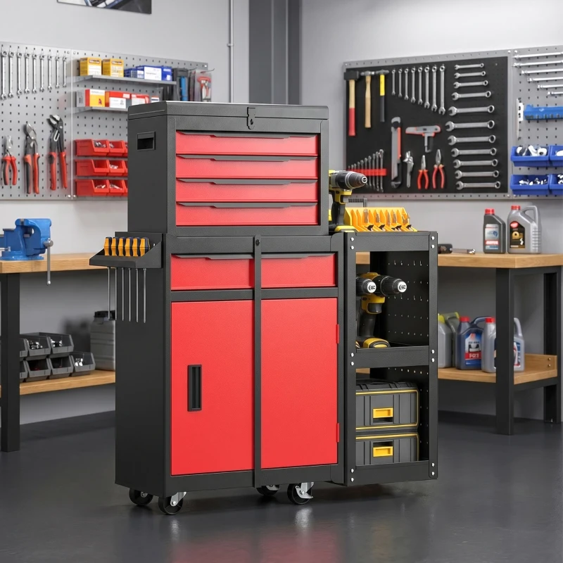 HOMCOM Tool Chest, Mobile Modular Tool Box with 5 Drawers, Side Rack, Pegboard, Lock, Tool Cabinet for Garage Workshop, Red