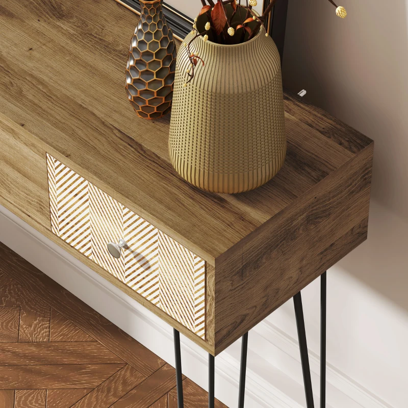 HOMCOM Table console avec 3 tiroirs, table d'entrée étroite avec pieds en épingle à cheveux en acier, 90 x 30 x 75 cm, marron