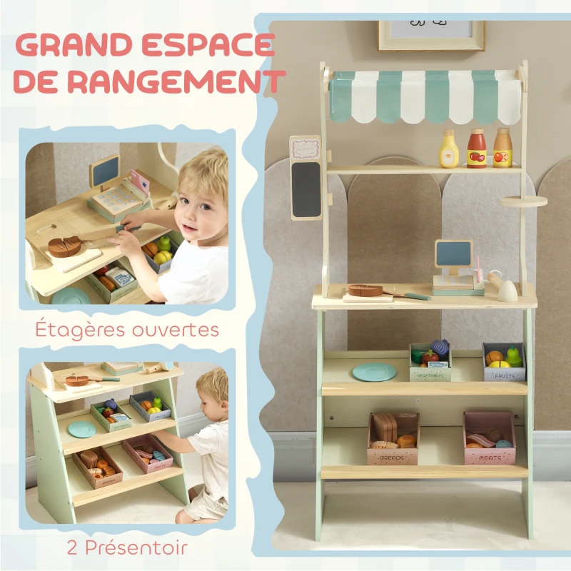 AIYAPLAY Supermarché pour enfant 34 pcs, marchande en bois, tableau noir, caisse enregistreuse et accessoires, 52x30x92,5cm, vert(m-7)