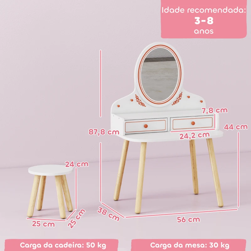 AIYAPLAY Toucador Infantil de Maquilhagem com Banqueta e Espelho 2 Gavetas e Barras para Pendurar dos 3 aos 8 Anos, Branco