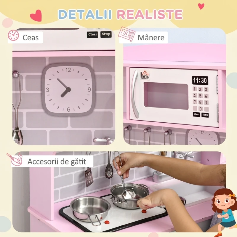 HOMCOM Bucătărie de Jucărie pentru Copii, cu Lumini și Sunete, Dozator Apă, Chiuvetă și Accesorii, MDF, PP, Roz