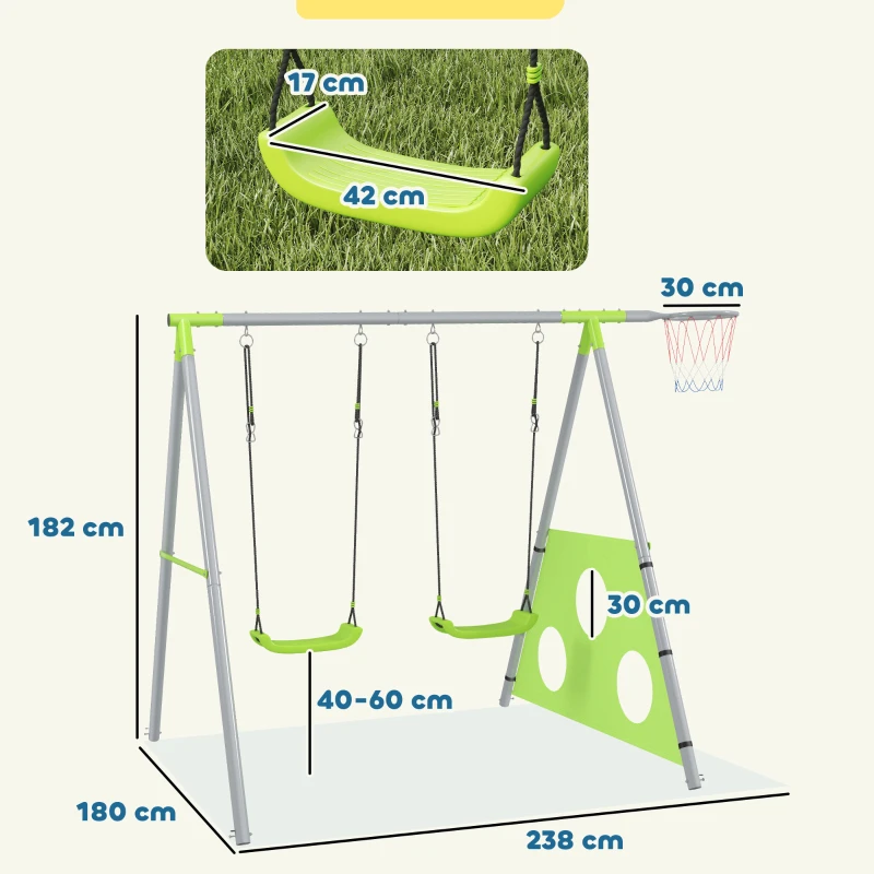 AIYAPLAY Gioco per Bambini 3 in 1 con Altalena da Giardino, Canestro e Porta da Calcio, 238x180x182 cm,, Verde e Grigio