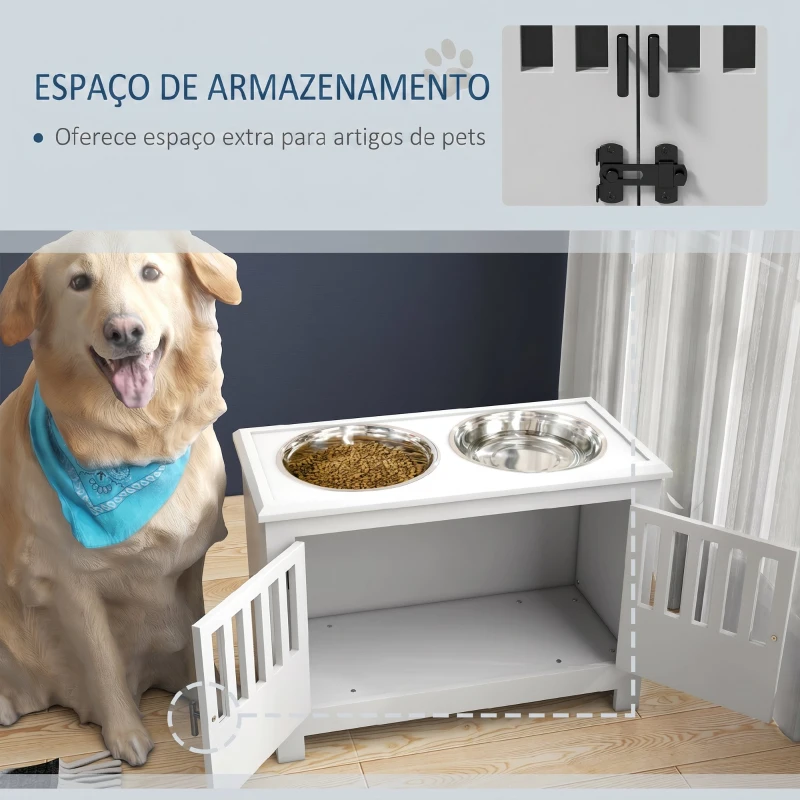 PawHut Comedouro Elevado para Cães com 2 Tigelas em Aço Inoxidável 2x2 L, Arrumação 37 L e 2 Portas com Trincos, Branco