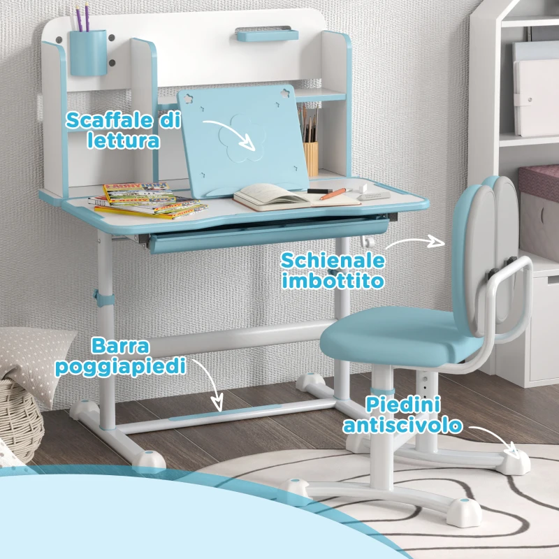 AIYAPLAY Set Scrivania e Sedia per Bambini Regolabili, Banco Scuola con Piano Inclinabile, Cassetto, Scaffale, Blu